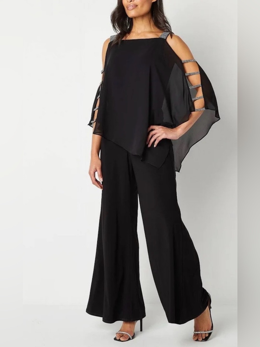 MSK Black Wide-Leg Cold-Shoulder Jumpsuit with Embellished Straps